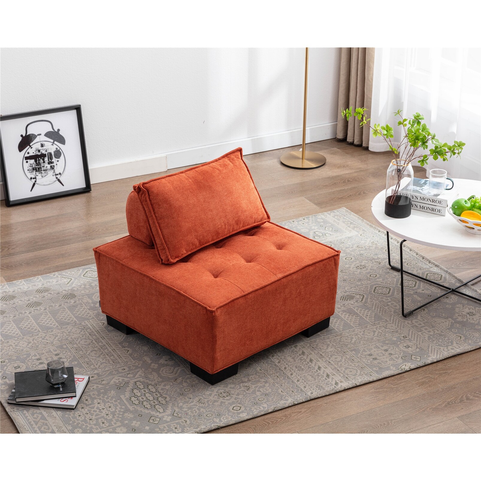 Poly Fabric Upholstered Lazy Chair Ottoman with Pillow and Solid