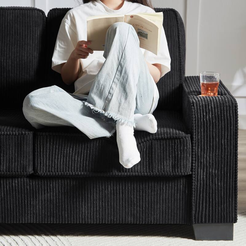 Corduroy Fabric Deep Seat Sofa, Cloud Sofa with Washable Backrest Cushion, 3 Seater Sofa with 2 Cup Holders & Square Arm