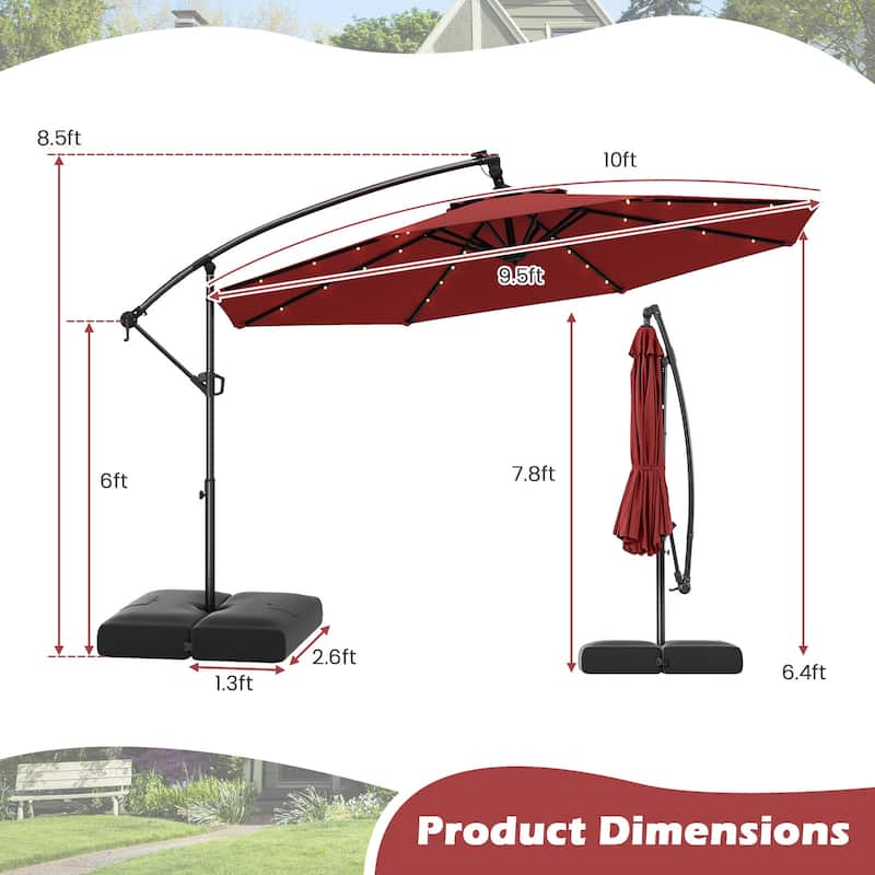 Gymax 10 FT Solar Offset Hanging Umbrella Patio Cantilever Umbrella w/