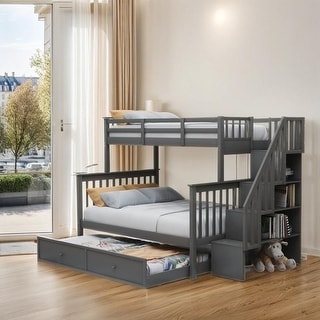 Maximized Space Twin over Full Bunk Bed with Twin size Trundle, Storage and Guard Rail for Bedroom, Dorm, for Adults, Grey
