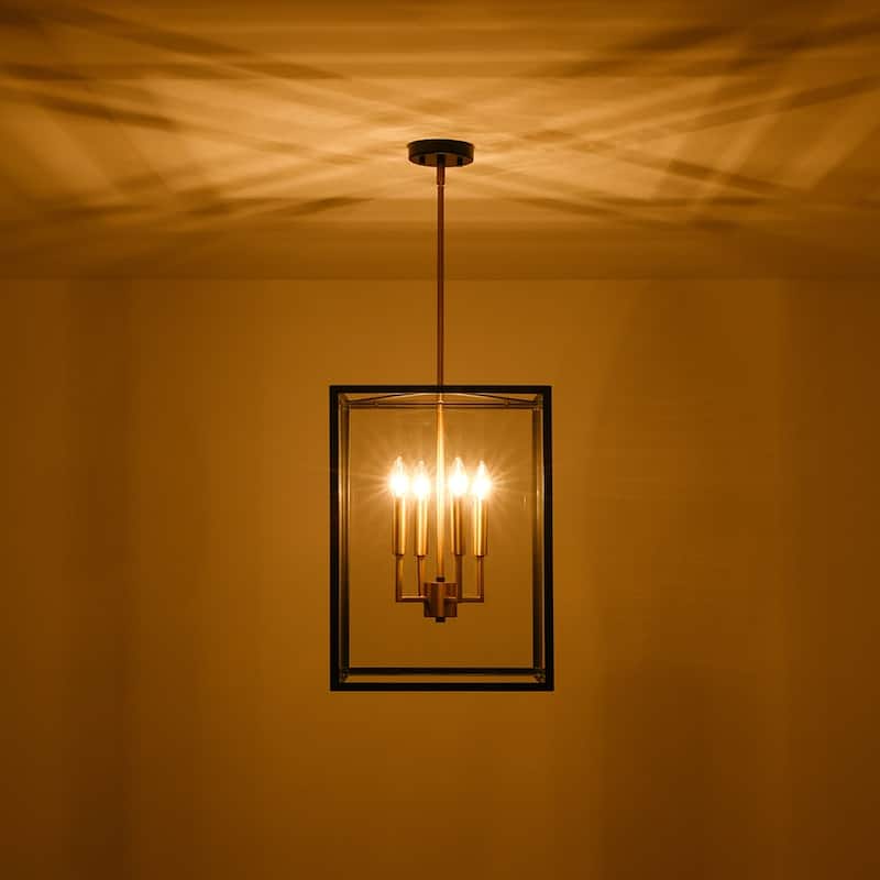 Black Brass 4-Light Metal Square Clear Glass Cage Chandelier