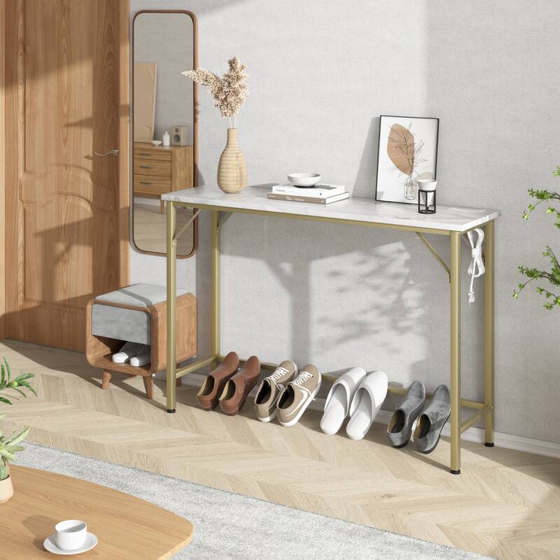 Console Table with Outlets, Narrow Sofa Table with Charging Station - Gold
