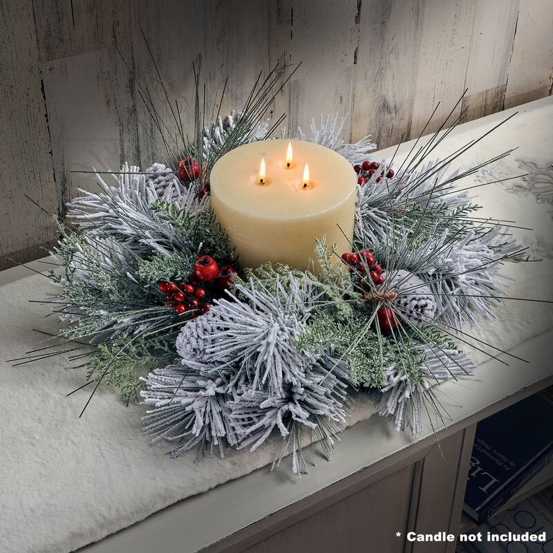 14" Frosted Pine Cone Fresh Berry Wreath - Frosted Red - 14-Inch