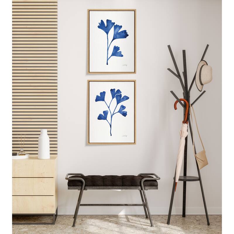 Kate and Laurel Sylvie Navy Ginkgo and Navy Ginkgo Trio Framed Canvas by Cat Coquillette