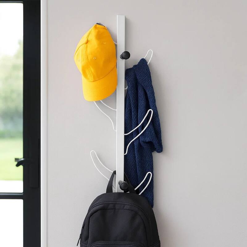 34 Inch Wall Mounted Coat and Hat Rack with 8 Hooks, Silver Metal Frame