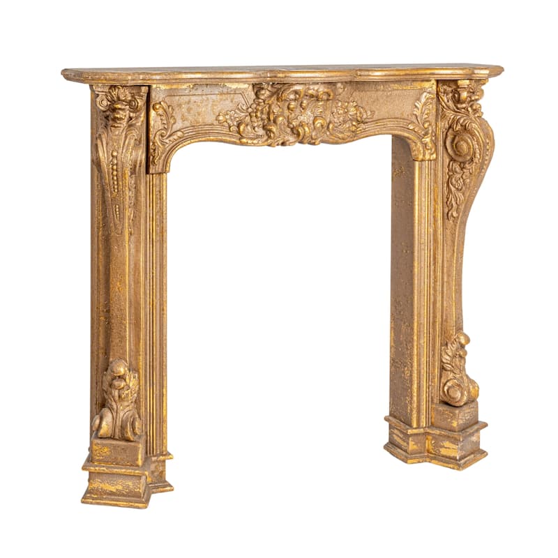 Ornate Decorative Fireplace Mantel, Distressed Black - Gold