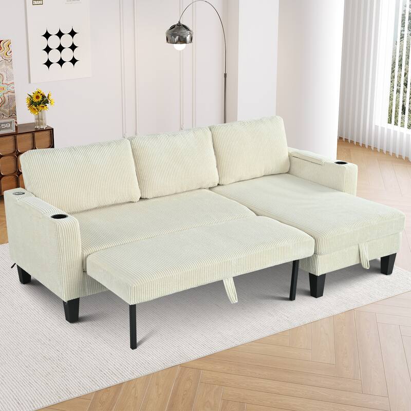 Convertible Sectional Sofa with L-Shaped Storage Chaise, Corner Sofa with Cup Holder & USB Ports, Corduroy Fabric Sleeper Sofa