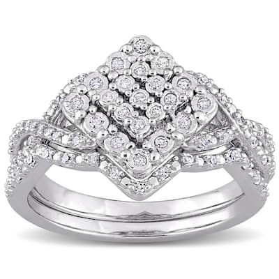 Miadora Sterling Silver 1/4ct TDW Diamond Vintage Clustered Split Shank Bridal Ring Set
