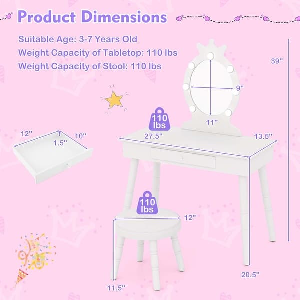 dimension image slide 2 of 3, Costway Kids Vanity Set Princess Vanity Table & Chair Set with Lighted - See Details