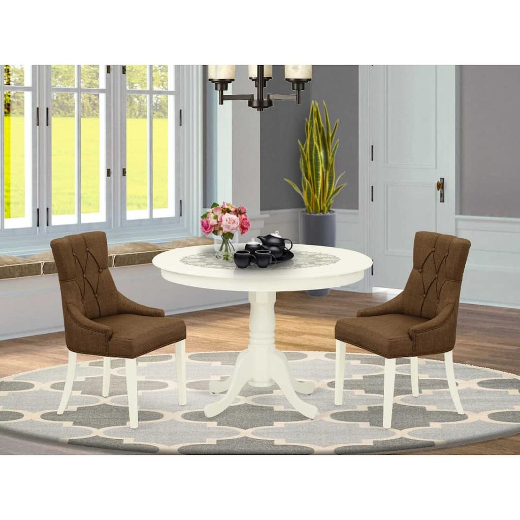 HomeStock 3-Pc Linen White Finish Solid Wood Top - Round Dining Room Set - Seats 4