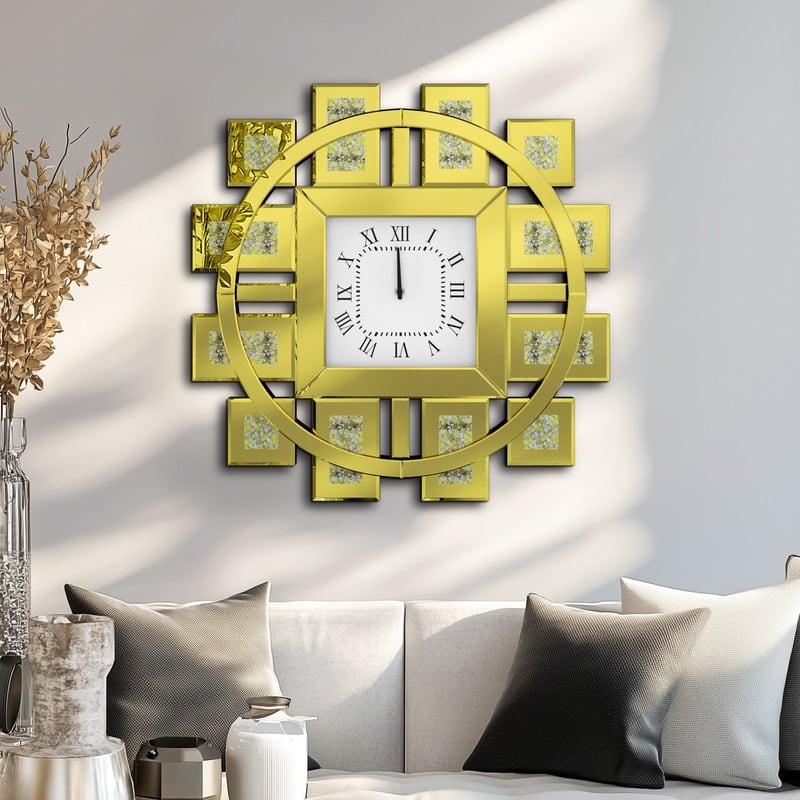 Large Wall Clock Crystal Twinkle Crush Diamond Mirrored - 32" x 32" - Gold