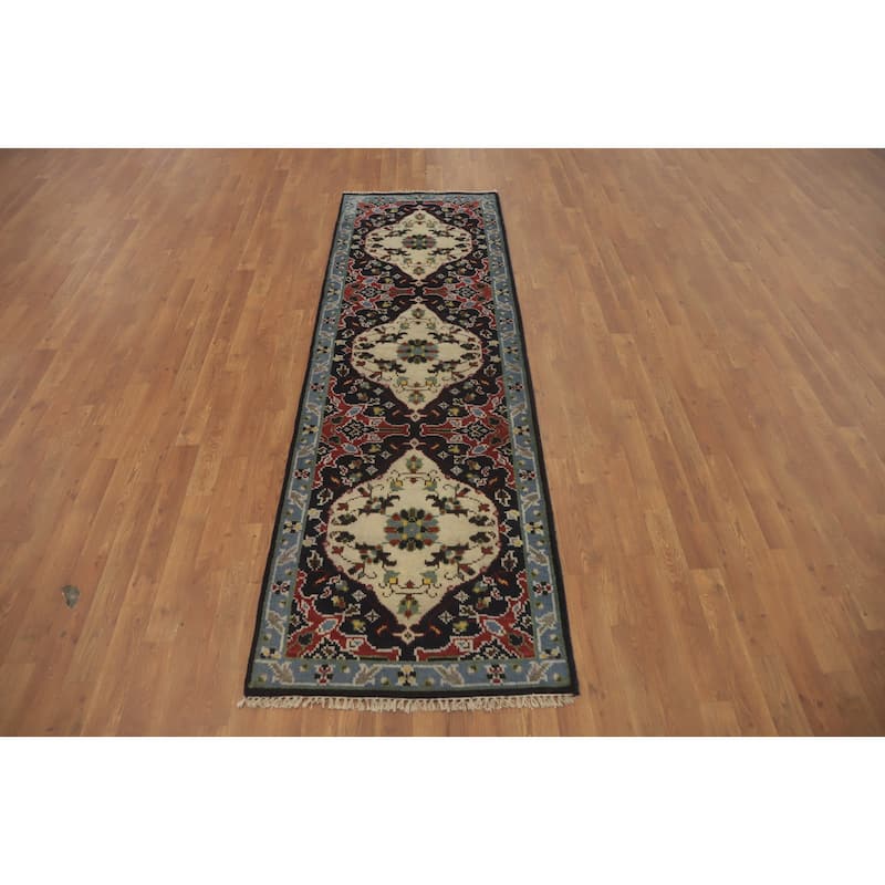 Hand-knotted Transitional Wool Carpet Blue Oushak Rug Oriental Carpet Floral Area Rug Oriental Carpet - 8' 0'' X 2' 7''