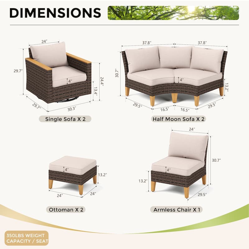 10 Piece Patio Wicker Rattan Furniture Set, Half-Moon Rattan Conversation sets with 2 X Swivel Chair Sofa and Firepit Table