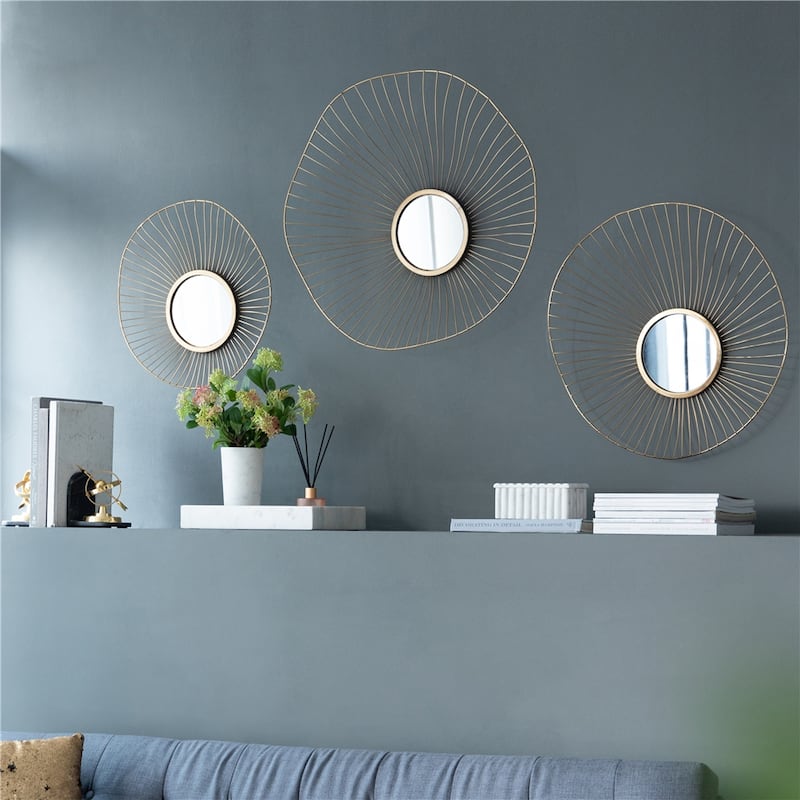 Set of 3 Wall Mirror Abstract designed Wall mirrors with Gold Frame