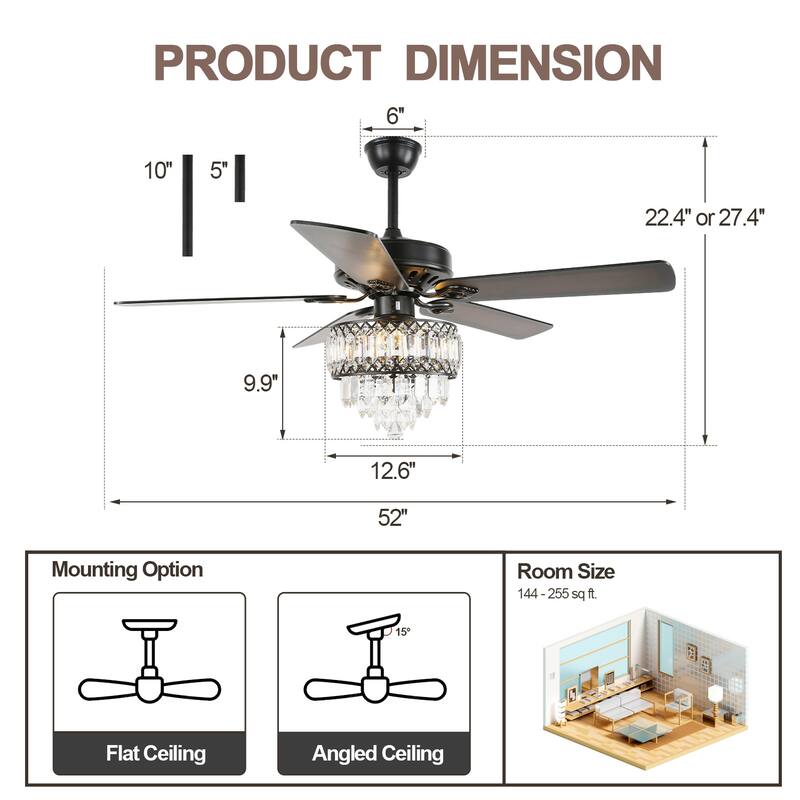 CurveCurio 52-inch Classic Ceiling Fan with Crystal Light Shade, 3 Light, Remote Control and Pull Chain Control for Living Room