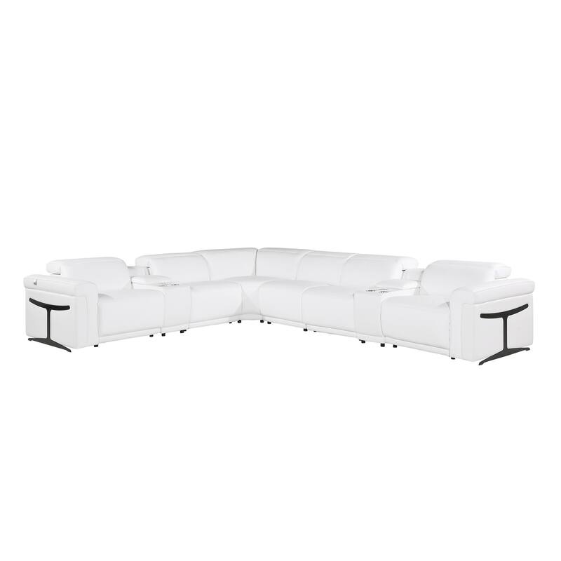 HomeRoots White Italian Leather Modular L Shaped Eight Piece Corner Sectional With Console