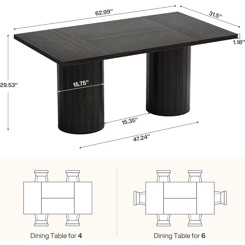 63 Inches Black Engineered Wood Dining Table, Modern Kitchen Table for 6 People