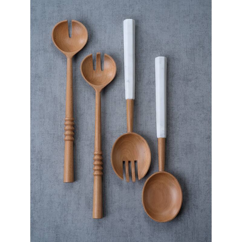 Kamran Wooden Salad Server Set with Marble Handles Brown Bed Bath