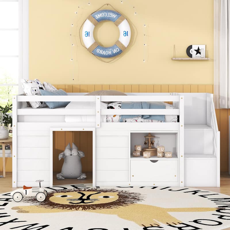 Kids Low Loft Bed with Storage Stairs and Drawer, Twin Size Loft Bed Frame, Solid Wood Twin Loftbed Frame with Under Bed Storage - White - Twin