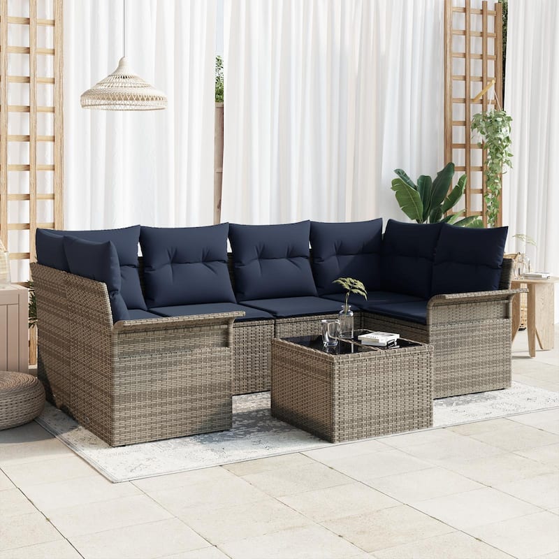 vidaXL 7-Seater Garden Sofa with Cushions Black/Brown/Grey Poly Rattan - 52.2 x 92.1 x 27.2 - Gray