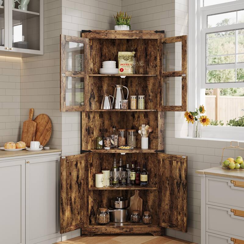 Tall Corner Cabinet, Farmhouse Corner Storage Cabinet with Glass Door & Adjustable Shelves, Space Saving Storage