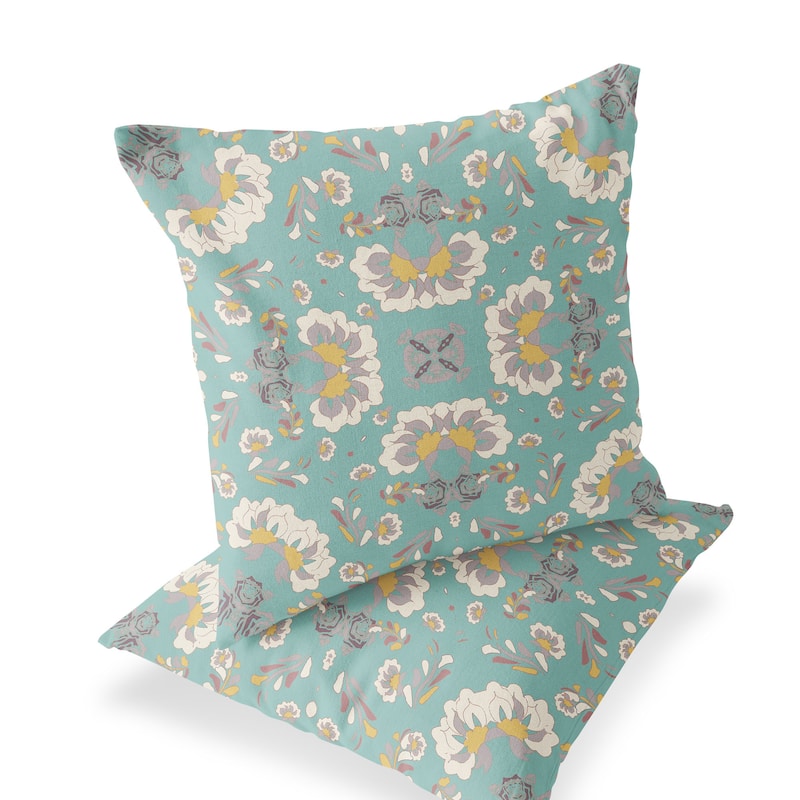 HomeRoots Set of Two 16" X 16" Green and White Blown Seam Floral Indoor Outdoor Throw Pillow - 16.00' X '16.00' X '5.00