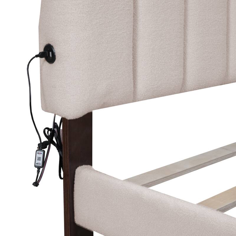 Queen Size Teddy Fleece Upholstered Platform Bed with LED Lights & USB Ports, Beige