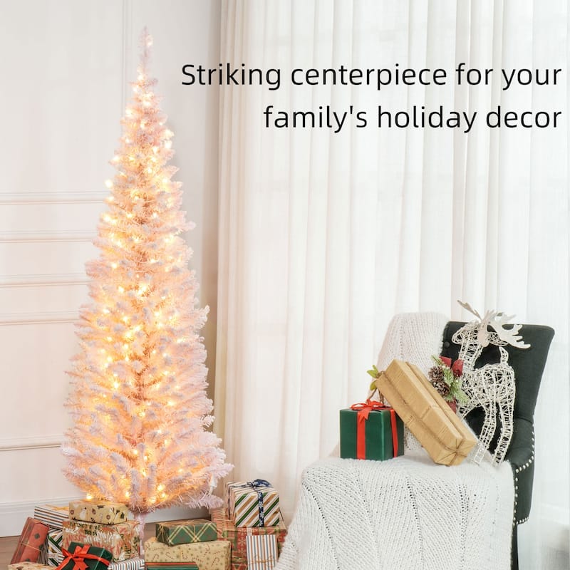 HOMCOM 6' Tall Pre-Lit Slim Noble Fir Artificial Christmas Tree with Realistic Branches, 170 Warm White LED Lights and 390 Tips
