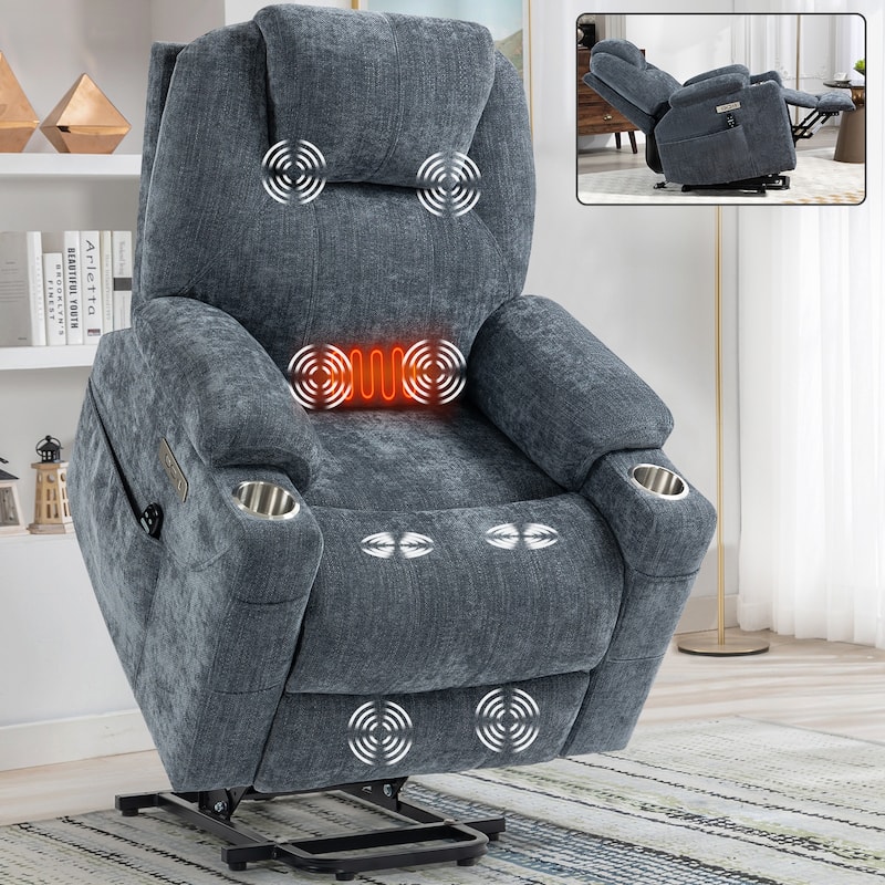 Up to 350 LBS Chenille Power Lift Recliner Chair, Heavy Duty Motion Mechanism with 8-Point Vibration Massage and Lumbar Heating - Blue