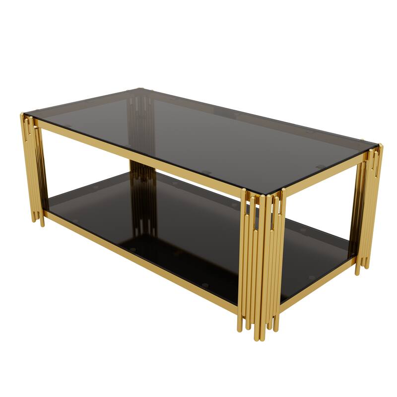 Glass Coffee Table Set of 3, Includes 1 Coffee Table & 2 End Tables, Luxury Living Room Table Set with Glass Top and Lower Shelf