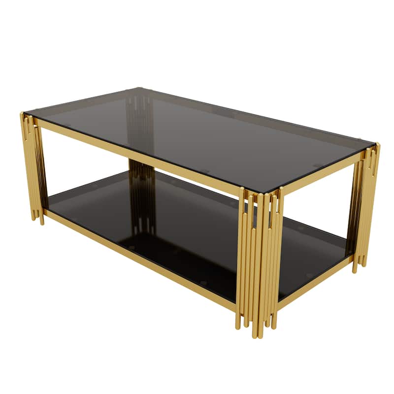 Rectangular Gold & Glass Coffee Table with 2-Tier Shelf by Harper&Bright Designs