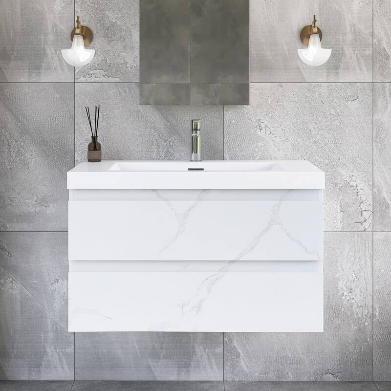 Floating Bathroom Vanity Integrated White Resin Sink - Cararra White - 36.2'' x 19.1'' x 21.7''