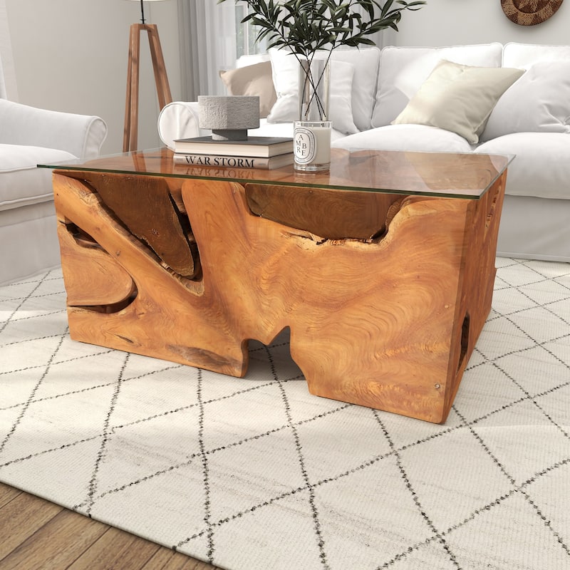 Benzara Brown/Clear Teak/Glass 43-inch x 18-inch Coffee Table