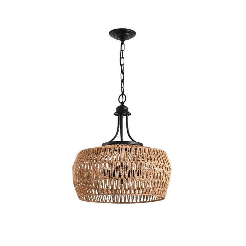 19-Inch Handwoven Boho Pendant Light – Adjustable Jute Rope Shade with Natural Hemp Texture . - 19"