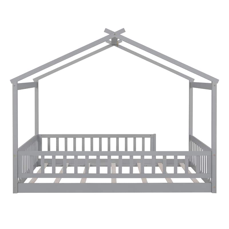 Full Size Wood Bed House Bed Frame with Fence, for Kids, Teens, Girls, Boys