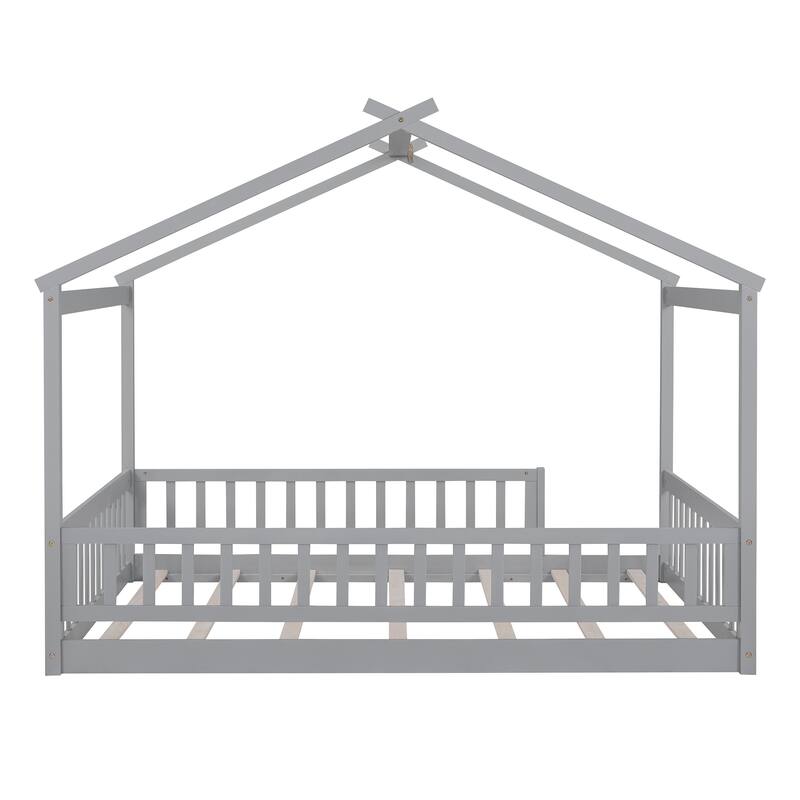 Wooden Full Size House Bed Frame with Fence, Playhouse Design, Superior