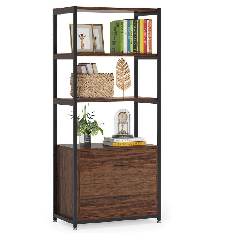 4-Tier Rustic Bookcases with 2 Drawers, Etagere Standard Book Shelves Display Shelf for Home Office