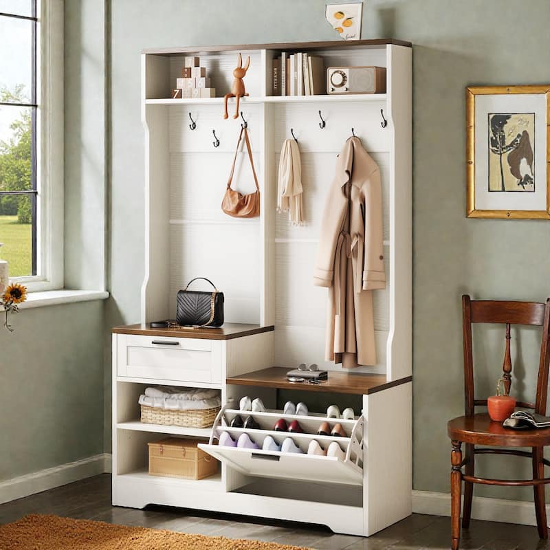6 in 1 Hall Tree with Bench and Shoe Storage, Entryway Organizer with Flip Shoe Cabinet, Hooks and Drawer - White Walnut