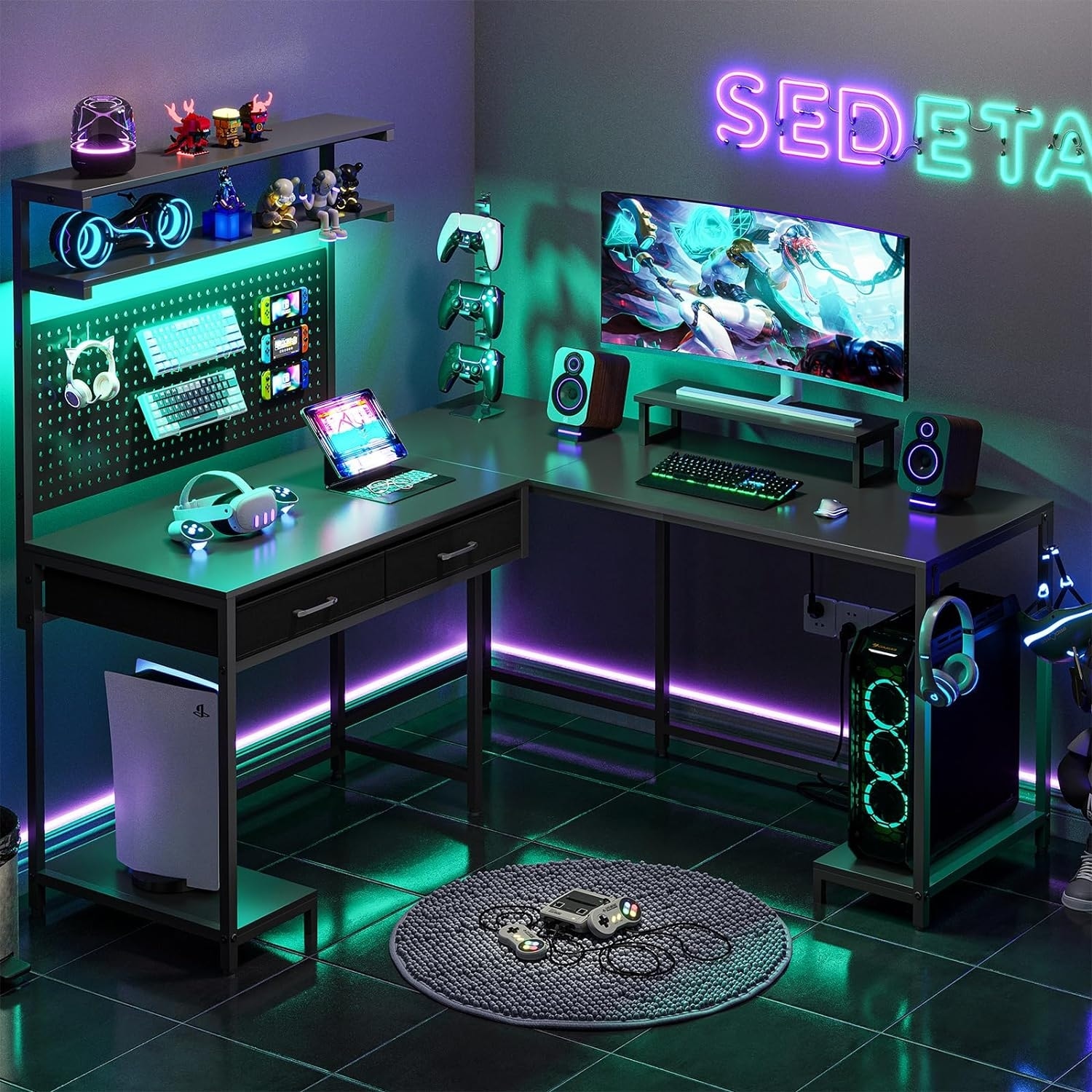 L Shaped Gaming Desk with LED Lights Pegboard and Drawers