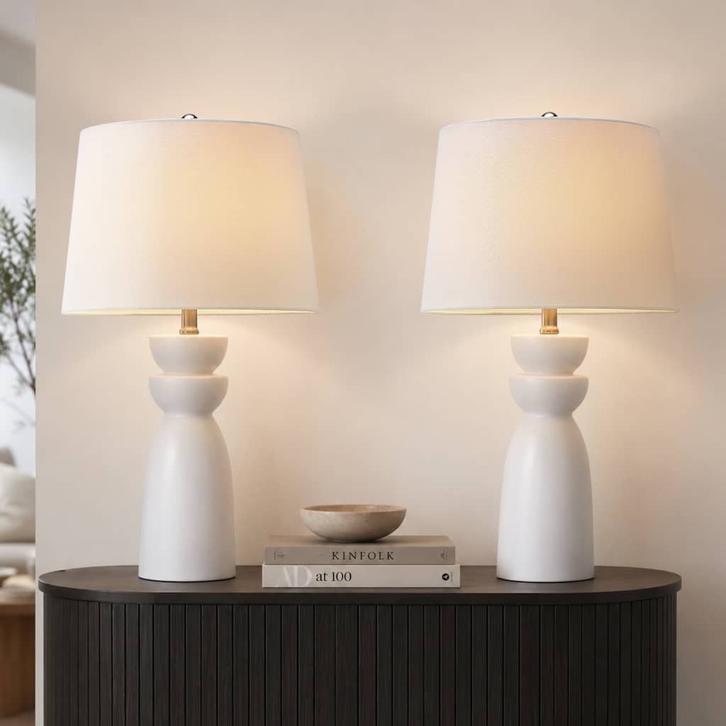 Modern White Sculpted Ceramic Table Lamp Set of 2 with White Shade - 25 in. H