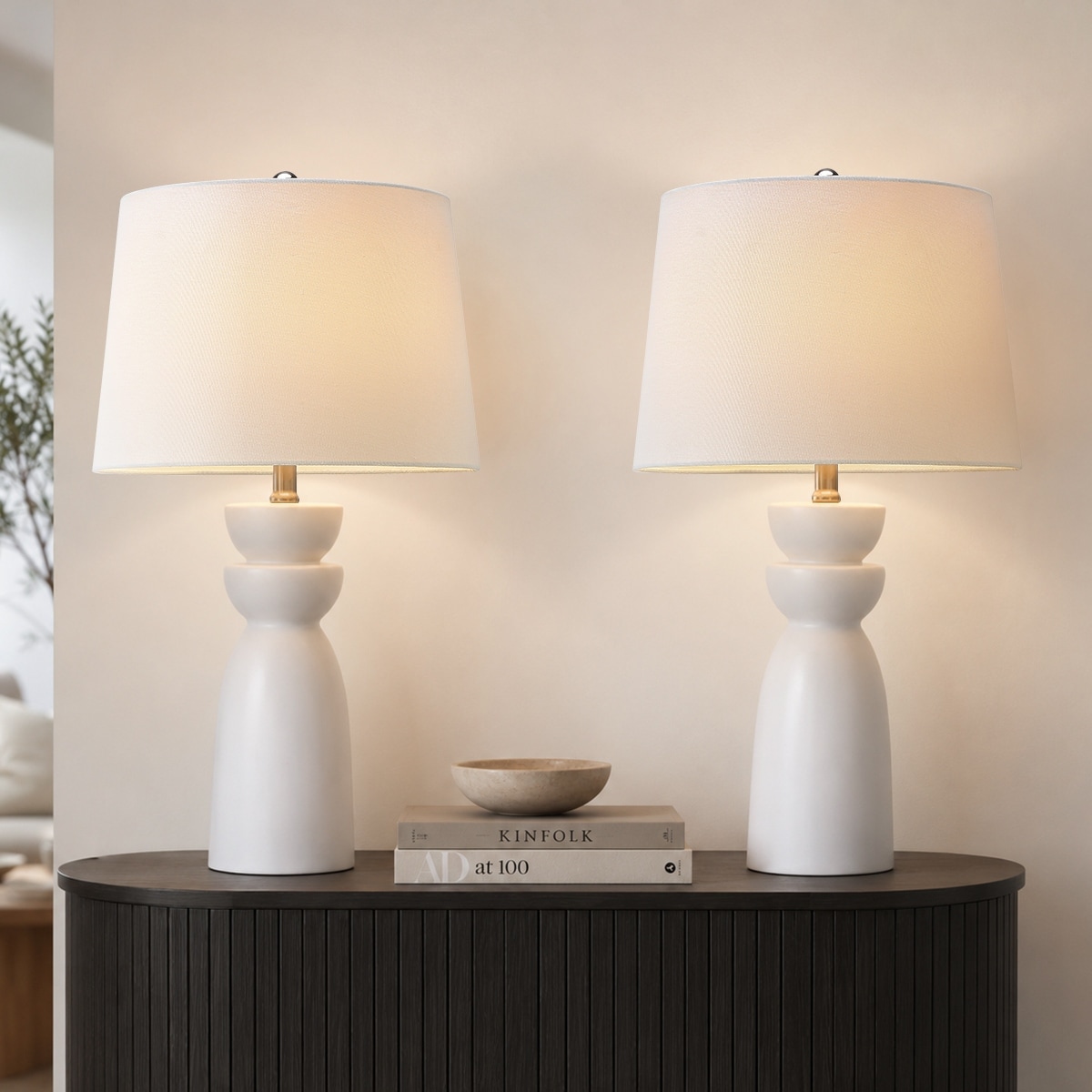 Modern White Sculpted Ceramic Table Lamp Set of 2 with White Shade - 25 in. H