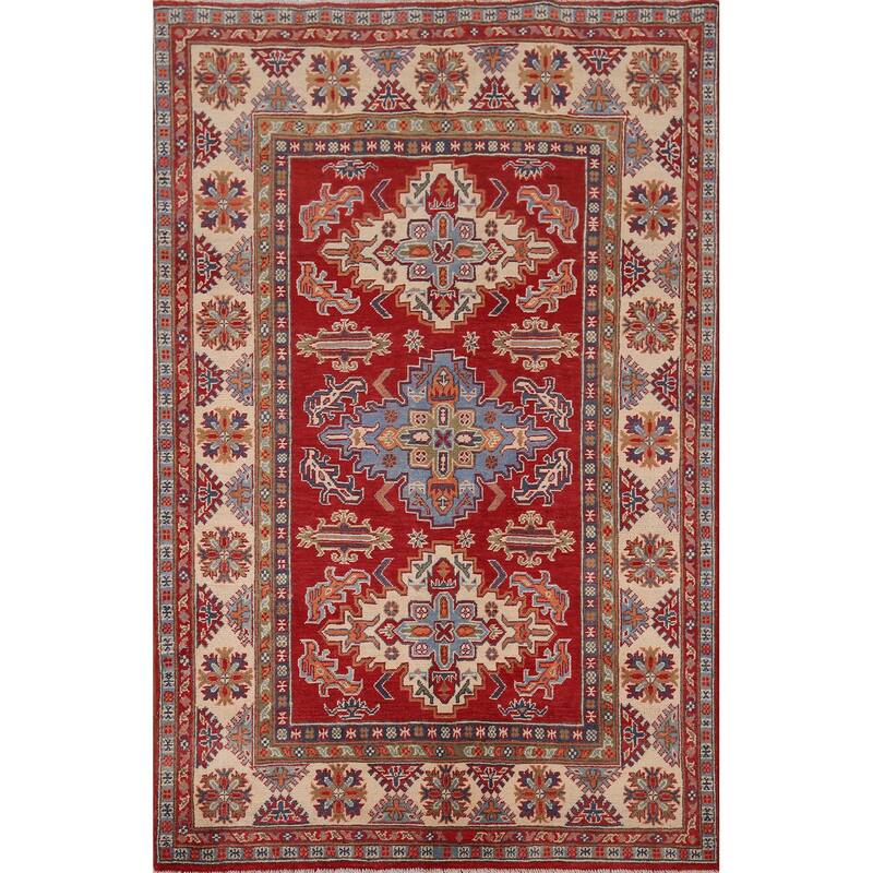 Red Geometric Kazak Area Rug Hand-Knotted Traditional Wool Carpet - 4'10" x 6'9"