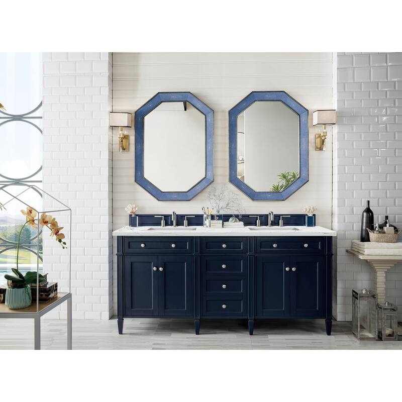Brittany 72" Double Vanity, Victory Blue w/ 3 CM Eternal Jasmine Pearl Silestone Top w/FreePower Wireless Charger