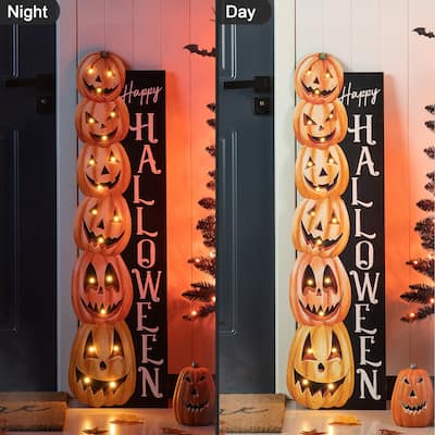 Glitzhome 42"H Lighted Halloween Wooden Pumpkins Porch Sign with Timer