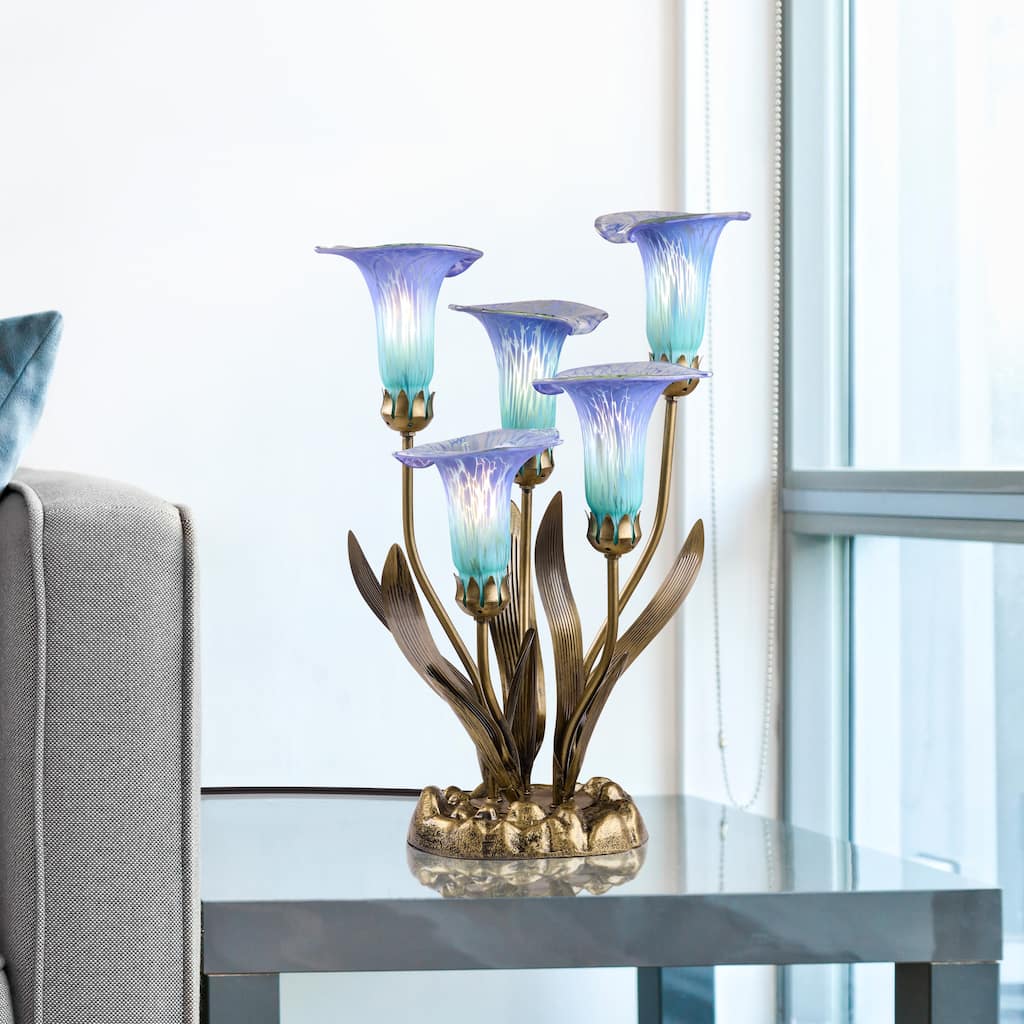 20-inch Antique Brass and Hand Blown Glass 5 Calla Lily Uplight Accent Lamp - 15" x 14" x 20"