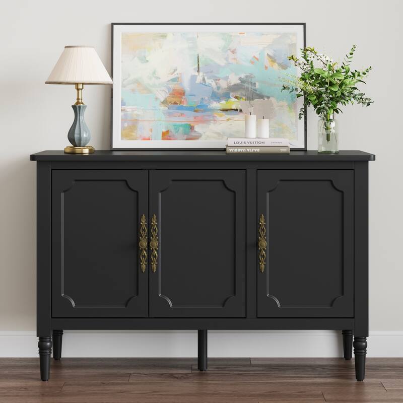 Black 3-Door Storage Cabinet with Adjustable Shelves and Turned Legs