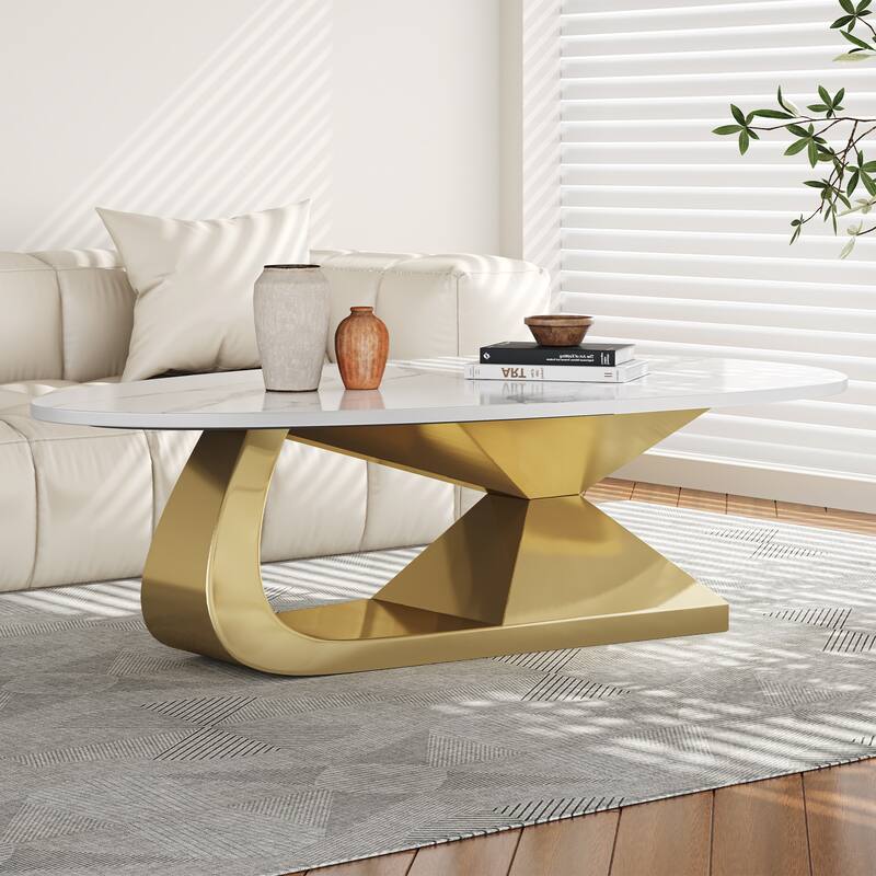51 Inch Modern Sintered Stone Coffee Table with Stainless Steel Base