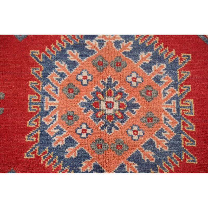Geometric Red Kazak Rug Hand-Knotted Bedroom Wool Carpet - 6'6"x 9'2"