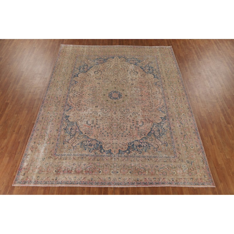 Distressed Pink Mashad Persian Antique Rug Hand-Knotted Wool Carpet - 9'8" x 12'5"