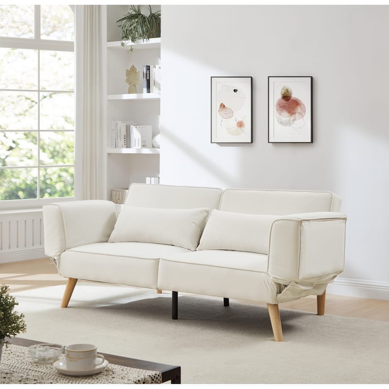 Futon Sleeper Sofa Bed Velvet Recliner Sofa Loveseat Couch with Adjustable Armrests, Splitback Recline and Pillows - Beige